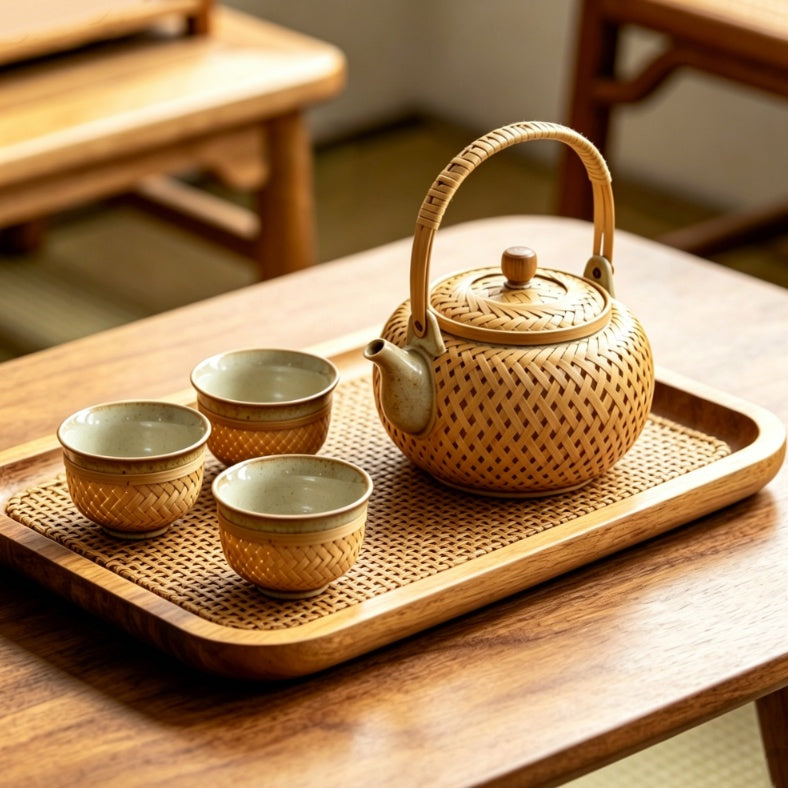 Handmade Bamboo Tea Set (with Solid Wood Tray)