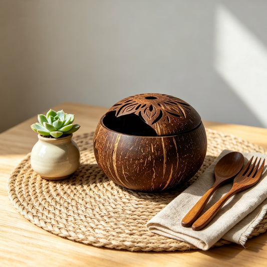 Natural Coconut Shell Hand Carved Desktop Storage Box