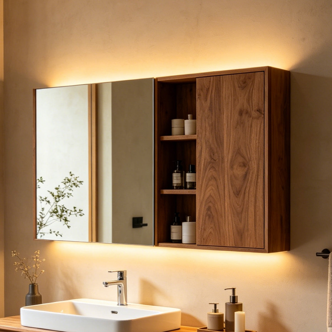 High-end Solid Wood Bathroom Cabinet (with Mirror Cabinet)